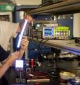 Wake Forest University physics professor David Carroll works with graduate student Greg Smith on new FIPEL lighting technology.