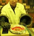Ames Laboratory researcher Min Cai prepares a metal-oxide OLED.