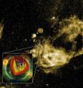 The background shows the Vela supernova remnant at optical wavelengths with location of the Vela pulsar indicated. The inset shows an artist's impression of the pulsar's interior, and the interaction between superfluid vortices and the nuclei that make up the star's crust.