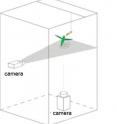 This cartoon shows the experimental setup. High-speed cameras recorded the hovering of hummingbirds in the lab.