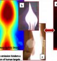 These are two images of a live human subject as seen through flames. When viewed in infrared or white light, the man is almost completely occluded (left). The new system reproduces the image behind the flames using holography, revealing a man wearing a t-shirt and glasses (right).