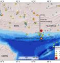 The location of the Makran subduction zone of Pakistan and Iran and locations of recorded earthquakes including the 1945 magnitude 8.1 earthquake (red dot to the north indicates the 1947 magnitude 7.3 earthquake). The profile for the thermal modelling of this study is the N-S trending black line, with distance given along the profile from the shallowest part of the subduction zone in the south (0 kilometers) to the most northern potential earthquake rupture extent (350 kilometers).