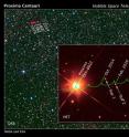 This plot shows the projected motion of the red dwarf star Proxima Centauri (green line) over the next decade, as plotted from Hubble Space Telescope observations. Because of parallax due to Earth's motion around the sun, the path appears scalloped. Because Proxima Centauri is the closest star to our sun (distance, 4.2 light-years), its angular motion across the sky is relatively fast compared to much more distant background stars. This means that in 2014 and 2016 Proxima Centauri will pass in front of two background stars that are along its path. The background image shows a wider view of the region of sky in the southern constellation Centaurus that Proxima is traversing.