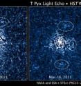 Hubble's Wide Field Camera 3 imaged the double-star system T Pyxidis, or T Pyx, over a four-month period. T Pyx is a recurrent nova, erupting every 12 to 50 years. T Pyx's latest outburst was in April 2011. The star is the white blob in the middle of each image.