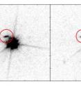 Using the Hubble Space Telescope, researchers have been able to pinpoint the galaxy causing the absorption in the quasar lying behind it. In the image to the left the quasar is seen as the bright source in the center, while the absorbing galaxy, which lies in front of the quasar, is seen to the left and slightly above the quasar. In the image to the right, most of the light from the quasar is removed so the galaxy is seen more clearly. The distance between the center of the galaxy and point were the light from the quasar passes is approx. 20,000 light years, which is slightly less than the distance between the Sun and the center of the Milky Way.