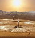 This is an artist's concept of a commercial hydrogen production plant that uses sunlight to split water in order to to produce clean hydrogen fuel.