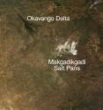 This is a satellite image of Botswana's Okavango Delta and Makgadikgadi Salt Pans.
