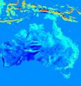 This image is an extract of the new high-resolution gravity map over Australia and South-East Asia. The map tells us about the anomalies in gravity, with red indicating strongly positive anomalies and blue negative anomalies.