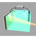 This drawing shows two electrodes splitting water into oxygen (left) and hydrogen (right). The electrodes are connected via an external voltage source. The illuminated silicon electrode (left) is protected from the surrounding electrolyte by a 2-nm film of nickel and uses light energy to assist in the water-splitting process.