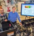 Giacomo Coslovich (left) and Robert Kaindl (right) next to the laser setup that generates extremely short pulses of light at "mid-infrared" wavelengths, far beyond the spectrum perceptible by the human eye.