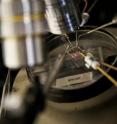 University of Utah electrical engineers test a microplasma transistor by applying a voltage through four electrodes touching the surface of the transistor. Plasma is a charged gas that conducts electricity, seen here as a pink glowing light. Unlike typical transistors, the Utah microplasma transistor uses an air gap that conducts ions and electrons from a helium plasma once a voltage is applied. The new devices are designed to withstand ionizing radiation.