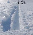 This is the sampling trench for dust studies on Taylor Glacier. Windblown dust from local sources contaminates the upper ice layers and uncontaminated samples are obtained from a meter below the glacier's surface.