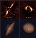 The two images at top reveal debris disks around young stars uncovered in archival images taken by NASA's Hubble Space Telescope. The illustration beneath each image depicts the orientation of the debris disks.