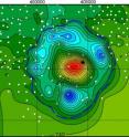 This is a map showing the structure and contour of the Bow City crater. Color variation shows meters above sea level.