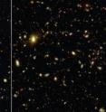 These visible-light images compare an actual photograph of the sky (left) taken with the Hubble Space Telescope to a simulated view (right) generated by the Illustris simulation. The simulation accurately reproduces the sizes, types, and colors of galaxies in the universe.