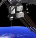 This artist's concept shows how the Optical Payload for Lasercomm Science (OPALS) laser beams data to Earth from the International Space Station.