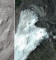 Left: Linear and lobate morphologies on the highest reaches of Aeolis Mons were shaped by glacial activity in the past. Right: Brei&#240;amerkurj&#246;kull glacier, Iceland, a terrestrial analog of the glacial remains identified on Gale.