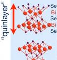 This illustration shows the crystal structure of the topological insulator bismuth selenide, Se-Bi-Se-Bi-Se, consisting of five atomic layers ('quinlayers') of alternating selenide (Se) and bismuth (Bi).