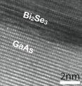 The atomic layers of the topological insulator bismuth selenide are visible in this high-resolution electron microscope image.