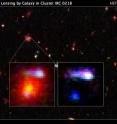 The farthest cosmic lens yet found, a massive elliptical galaxy, is shown in the inset image at left. The galaxy existed 9.6 billion years ago and belongs to the galaxy cluster, IRC 0218.