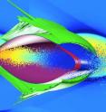 This simulation depicts two electron bunches -- containing 5 billion to 6 billion electrons each -- that were  accelerated by a laser-generated column of plasma inside an oven of hot lithium gas during experiments at SLAC. The first bunch in each pair was the drive bunch; it blasted all the free electrons away from the lithium atoms, leaving the positively charged lithium nuclei behind -- a configuration known as the "blowout regime." The blasted electrons then fell back in behind the second bunch of electrons, known as the trailing bunch, forming a "plasma wake" that propelled the trailing bunch to higher energy.