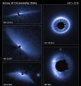 This is a set of images from a NASA Hubble Space Telescope visible-light survey of the architecture of debris systems around young stars. Hubble's sharp view uncovers an unexpected diversity and complexity in the structures.