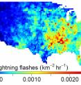 This graphic shows the intensity of lightning flashes averaged over the year in the lower 48 states during 2011.