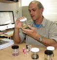 Study co-author Prof. Ariel Chipman holds a jar of centipede specimens in his office at the Hebrew University of Jerusalem.