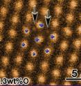 Shown is an atomic resolution scanning transmission electron microscope image of a defect in lower-grade titanium. Blue arrowheads point to the ideal position of the displaced titanium atoms, and the black arrowheads point to the location of the oxygen impurities.