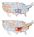 When ENSO is in a hot, or El Ni&ntilde;o, phase (top), the frequency of tornadoes goes down. When it is in a cold, or La Ni&ntilde;a phase, tornadoes increase. The effect is strongest in the boxed area.