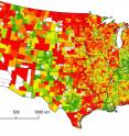 This map shows land use consumption per capita, by county, in the United States. Counties in red use land less efficiently than those in green.