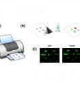 A) Making paper sensors using a regular inkjet printer with cartridge containing DNA-based bio-irk. B) The paper sensor is simple to use -- add a droplet of test sample and look for the right text to show up. (C) A real sensor designed to detect two biomarkers, ATP ( a small-molecule biomarker for bacteria) and PDGF (a protein biomarker for cancer). 'A' lights up when ATP is present and 'P' lights up when the test sample has PDGF.