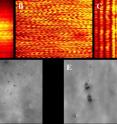 False color images of the interference pattern produced by a double slit for, (A), random Raman laser emission, (B), elastically scattered light and, (C), Helium-Neon laser emission. Strobe photography images of microcavitation bubbles forming, (D), before and, (E),\ after melanasomes are irradiated with 0.625 J/cm2  at 1064 nm.
