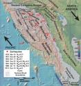 This map shows the California Borderland and its major tectonic features, as well as the locations of earthquakes greater than Magnitude 5.5. The dashed box shows the area of the new study. Large arrows show relative plate motion for the Pacific-North America fault boundary. The abbreviations stand for the following: BP = Banning Pass, CH = Chino Hills, CP = Cajon Pass, LA = Los Angeles, PS = Palm Springs, V = Ventura; ESC = Santa Cruz Basin; ESCBZ = East Santa Cruz Basin Fault Zone; SCI = Santa Catalina Island; SCL = San Clemente Island; SMB = Santa Monica Basin; SNI = San Nicolas Island.