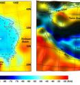 Topography (left) and a shaded relief map (right) of the rock deep beneath the Tibetan Plateau are shown. Color indicates kilometers below Earth's surface.