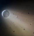 In this artist's conception, a Ceres-like asteroid is slowly disintegrating as it orbits a white dwarf star. Astronomers have spotted telltales signs of such an object using data from the Kepler K2 mission. It is the first planetary object detected transiting a white dwarf. Within about a million years the object will be destroyed, leaving a thin dusting of metals on the surface of the white dwarf.