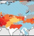 Projections of decreased potential for snow to supply spring and summer human water demand by mid-century (reddest areas are highest risk; yellow, lowest) are presented. In blue/white areas, future rainfall should be sufficient to supply present human needs; gray regions indicate basins where rainfall might be insufficient, potentially making them dependent on snow or other sources.