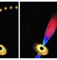 An artist's impression of a star being drawn toward a black hole and destroyed, triggering a jet of plasma made from debris left over from the stars destruction.