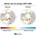 The researchers tested how well they were able to predict winter sea ice changes by "hindcasting" past decades and then comparing their retrospective predictions to observations of what really happened. This image shows how the model stacked up to real life for the period of 1997-2007.