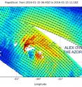 On Jan. 15 at 6 a.m. EST, RapidScat saw Hurricane Alex's strongest winds affecting some islands in the Azores. Strongest winds were (red) north and northwest of the center at 30 meters per second (67.1 mph/ 108 kph).