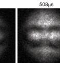 Experimental images of the superfluid in the course of the knot tying process. Tying time advances from the left to right as indicated. The brightness denotes the particle density corresponding to the field direction up or down. The black circles in the rightmost panel reveal the colorful torus shown in Figure 1 where the field direction points sideways.