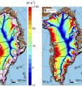 Greenland's average ice speed over the last nine thousand years (left), its current speed (center) and the difference between them (right). Blues (negative values) signify lower speeds today as compared to the nine-thousand-year average.