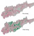 This image shows the hillside slope of West Virginia's Headwaters Twentymile Creek watershed pre- and post-mining calculated from elevation maps. Images taken from <a target="_blank"href="http://www.minedwatersheds.com/">http://www.minedwatersheds.com/</a>.