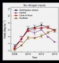 This plot shows the yields of three switchgrass varieties, or cultivars -- Kanlow, Cave-in-Rock and Southlow -- and a mixture of the three. The mixture is either the highest yielding or approximately equal to the highest yielding crop each year, closely following the Southlow crop in 2014. These measurements are from plots without added fertilizer (nitrogen inputs).