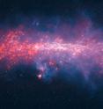 This part image of the Milky Way has been released to mark the completion of the APEX Telescope Large Area Survey of the Galaxy (ATLASGAL). The APEX telescope in Chile has mapped the full area of the Galactic Plane visible from the southern hemisphere for the first time at submillimeter wavelengths -- between infrared light and radio waves -- and in finer detail than recent space-based surveys.

<p>The APEX data, at a wavelength of 0.87 millimeters, shows up in red and the background blue image was imaged at shorter infrared wavelengths by the NASA Spitzer Space Telescope as part of the GLIMPSE survey. The fainter extended red structures come from complementary observations made by ESA's Planck satellite.

<p>The full-resolution image is available on the ESO web page: <a href="https://www.eso.org/public/images/eso1606a/" target="_blank">https://www.eso.org/public/images/eso1606a/</a>