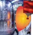 This is a high-res image of the inside of MIT's Alcator C-Mod tokamak, with a representative cross-section of a plasma. The inset shows the approximate domain for one of the multi-scale simulations and a graphic of the plasma turbulence in the multi-scale simulation.