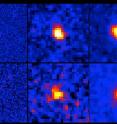 North is up and east is left. Each panel has a size of 4" x 4", which corresponds to 85 kly x 85 kly at the distance of 12.6 billion light-years. The thumbnails of the HST/ACS I band (effective wavelength = 814 nm), the Subaru Telescope/Suprime-Cam NB711 and i'- and z'-bands are shown from left to right. Note that the NB711 image, which captures the Lyman-alpha line emitted by neutral hydrogen, shows spatially extended gas which is ionized by ultraviolet (UV) radiation from many massive stars. On the other hand, other band images prove the UV radiation from massive stars themselves.