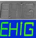 A scanning electron micrograph (a) and an image quality map (b) of that micrograph demonstrate the ability to fabricate patterned single-crystal architecture on a glass surface. In the lower image (b), the green color represents a single crystal embedded in the blue glass background. The width of lines in the two figures is about five micrometers.