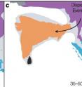 Hypothesized position of the Indian subcontinent and an early Eocene land bridge allowing for the first inferred dispersal event from Eurasia into India, 50-55 million years ago, and position of the ISC and a middle-late Eocene land bridge allowing for the second first inferred dispersal event from Eurasia into India between 35-50 MYA.