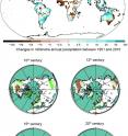 At the top the trend in annual measured precipitation between 1951 and 2010 is shown from the last scientific report of the Intergovernmental Panel on Climate Change (IPCC). Below the relative hydroclimate changes for four different centuries are shown from the new hydroclimate reconstruction covering the past twelve centuries. The stronger the green colour is the wetter it was and the stronger the brown colour is the drier it was. The anomalies are shown with regard to the long-term mean between AD 1000 and 1899.